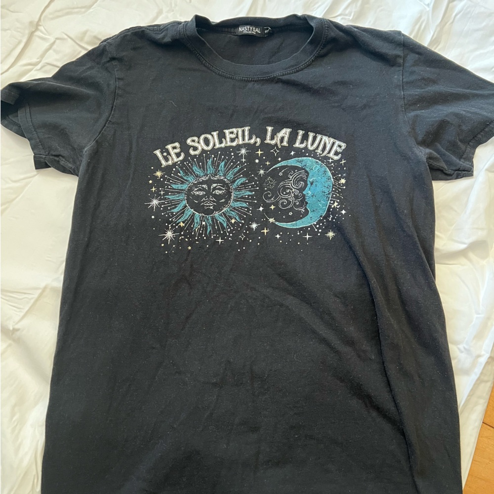 Black Graphic Tee with Sun and Moon Design